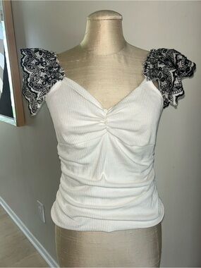 Anthropologie White Ruched Knit Top with Black Lace Flutter Sleeves